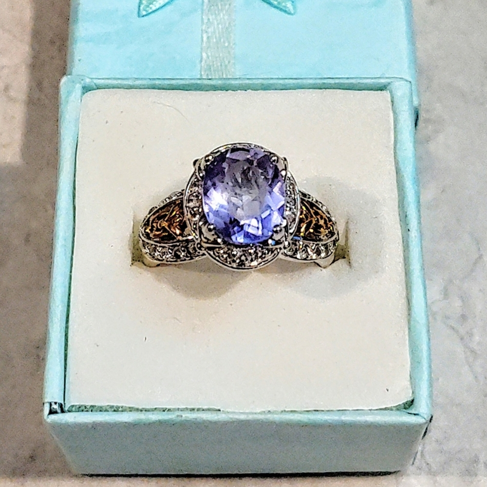 SILVER TANZANITE & DIAMOND CHIP RING WITH 14K GOLD ACCENTS 2.0 ct STAMPED .925